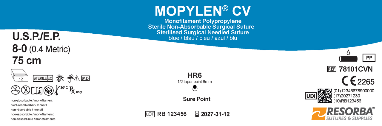 Мопілен CV USP 8-0 синій, довжина 75см, колюча голка Sure Point 6мм, 1/2кола